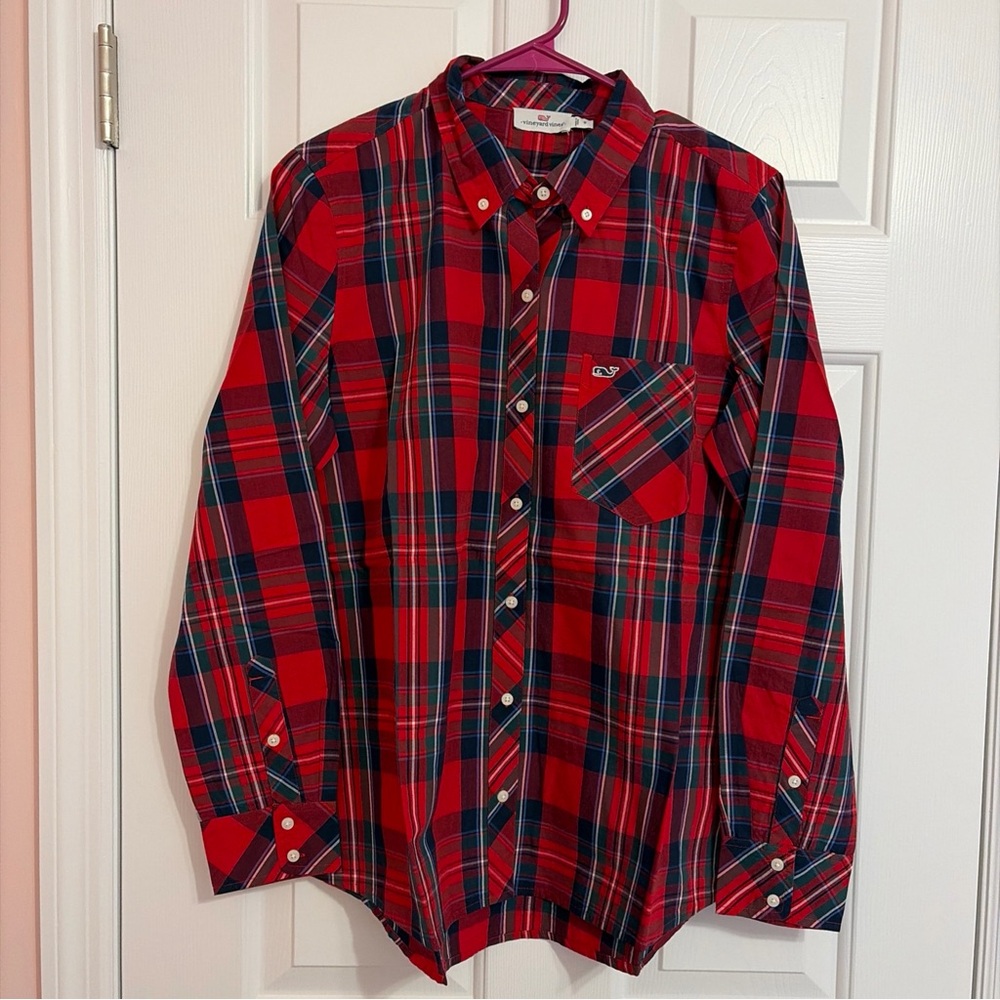 NWT Vineyard Vines Women’s Plaid Poplin Red Button Up Shirt Balsam Plaid Sz 8